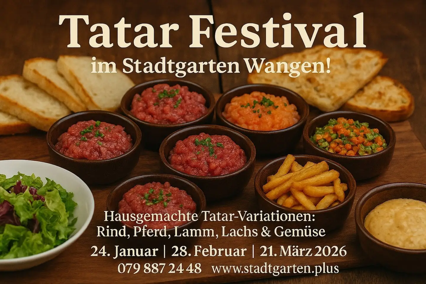 Erlebe am 28.02.2026 einen Abend voller Vielfalt & Genuss beim Tatar Festival! 🎉 Tauche ein in die Welt der exquisiten Geschmäcker und lass dich von unserem Tatar Buffet verzaubern. 🍽️

Sichere dir jetzt deinen Platz und sei Teil dieses unvergesslichen Erlebnisses! ✨ Jetzt reservieren und Tatar Buffet erleben! 🥩
https://stadtgarten.plus/tatar-festival/

#tatarfestival #vielfalt #genuss #buffetliebe #kulinarik #schweiz #jetztreservieren