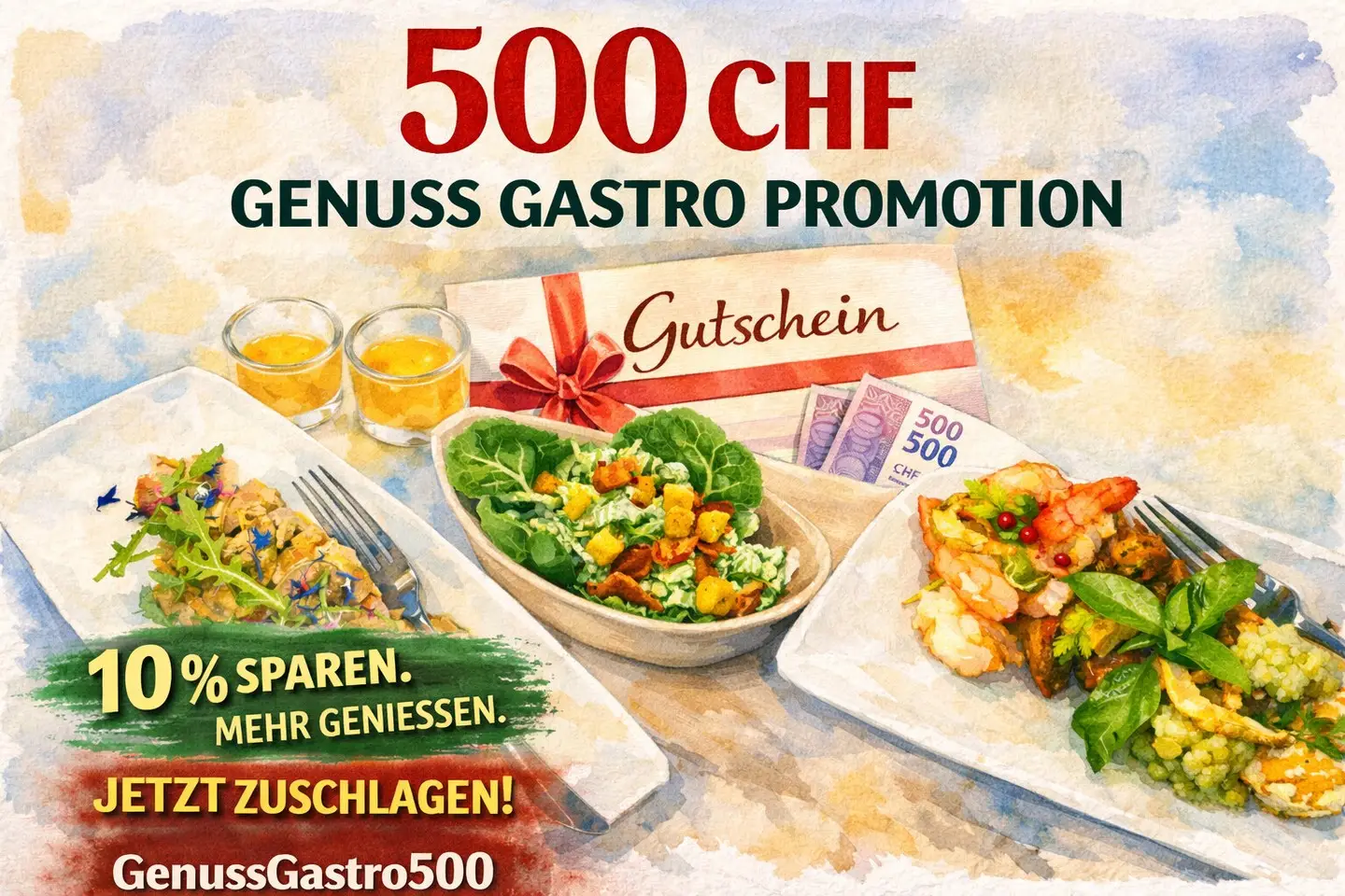 10% sparen. Mehr geniessen. 💥

Sichern Sie sich jetzt Ihren 500 CHF Gutschein und erleben Sie kulinarische Highlights in all unseren Restaurants.

✔️ Flexibel einlösbar
✔️ Mehrfach nutzbar
✔️ Perfekt zum Verschenken

👉 Jetzt zuschlagen:
Code: GenussGastro500
https://shop.e-guma.ch/genuss-gastro.plus/de/gutscheine?promocode=GenussGastro500

#angebot #gutschein #rabatt #essenmitfreunden #genuss #restaurantgutschein #jetztzugreifen