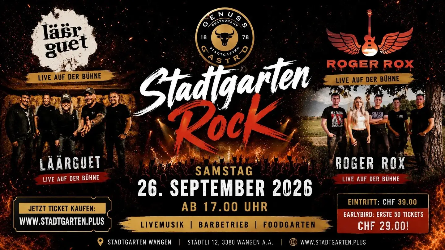 Big News! Wir freuen uns sehr, euch mitzuteilen: Dieses Jahr findet neu das Stadtgarten Rock statt! Am 26.09.2026 mitten im Städtli – in einer echten Beiz mit Geschichte und Vibe. Bereits Bestätigt: RogerRox & Läärguet. Weitere Acts folgen! Die ersten 50 Tickets zum Early-Bird-Preis von CHF 29.– jetzt sichern! https://stadtgarten.plus/stadtgarten-rock/ #stadtgartenrock #rocknacht #ticketalarm