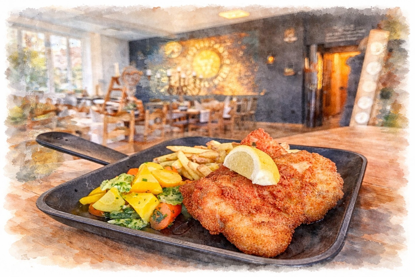 Backhendl – ein zeitloser Klassiker! Jetzt probieren im Stadtgarten Wangen: saftiger panierter Poulet-Oberschenkel, dazu knusprige Pommes und Gemüse vom Walki Hof in Wiedlisbach. Wir freuen uns auf euren Besuch! 🍗🥔 #backhendl #stadtgartenwangen #regional #genuss