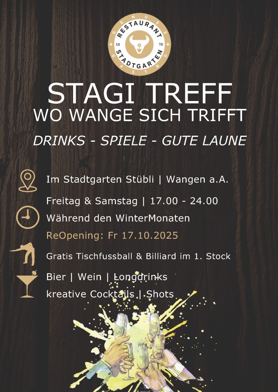 Diese Woche ist es so weit! 🎉
Die Eröffnung von Stagi Treff in die Bar im Stadtgarten Stübli steht vor der Tür! Komm am Freitag, den 17. Oktober, ab 17.00 Uhr vorbei und feiere mit uns. 🍹
Geniesse erfrischende Getränke, spiele eine Runde Billiard oder Tischfussball und triff dabei tolle Menschen. 
Lass dir das nicht entgehen! 🤩
#stagitreff #eröffnung #stadtgartenstübli #freitagfeeling #billiard #tischfussball #geni