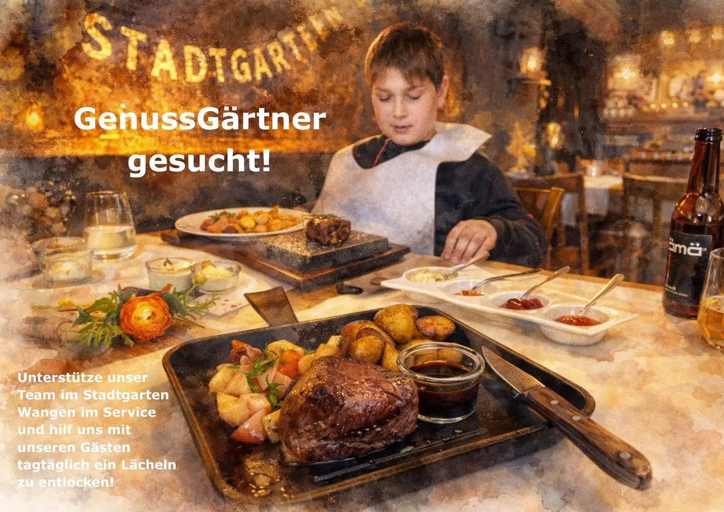 GenussGärtner gesucht! 🌿 

Zur unterstüzung unseres ServiceTeam suchen wir ab sofort oder nach Vereinbarung eine aufgestellte Persönlichkeit mit GastroErfahrung (60–100%).

Was wir dir bieten:
- Fixe Ruhetage: Sonntag & Montag
- Dienstplanung 4–8 Wochen im Voraus
- Betriebsferien über Weihnachten & Neujahr
- Ein abwechslungsreicher Arbeitsalltag in einem kleinen Team

Bist du bereit unseren Gästen ein Lächeln zu entlocken? 

Sende uns deine Bewerbung an pascal@stadtgarten-wangen.ch

#job #service #wangen #gastro