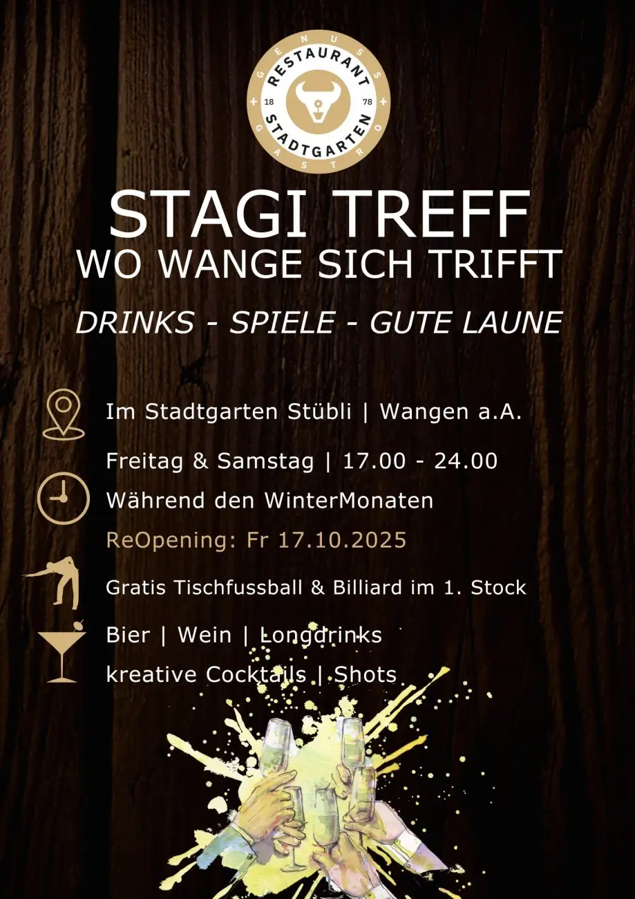 🎉 Endlich ist es soweit! Der Stagi Treff öffnet morgen seine Türen! 
Ab morgen haben wir jeweils Freitags und Samstags von 17.00 bis Mitternacht geöffnet! 
Komm vorbei und erlebe Drinks, Spiele und gute Laune in der Bar, wo Wange sich trifft. 🍹🎲
Sei dabei am ReOpening am Freitag, 17.10.2025, im Stadtgarten Stübli! Verpass nicht die Chance, ein Teil dieses unvergesslichen Abends zu sein. Lass uns gemeinsam feiern! 💃🕺
#stagitreff #drinksundspiele #gutelaune #stadtgartenstübli #reopening #wange #freunde #feiern