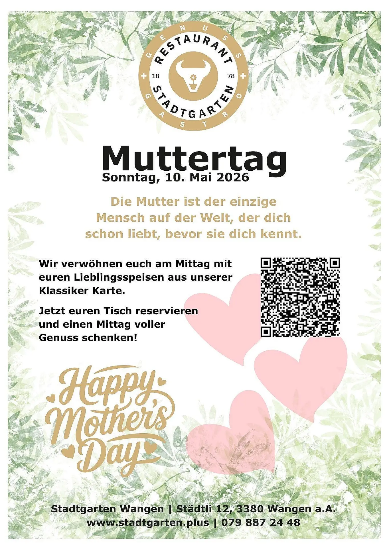 🌸 Am 10. Mai 2026 ist wieder der Tag, an dem wir all unseren Müttern ein herzliches Dankeschön sagen – Muttertag! Was gibt es Schöneres, als diesen besonderen Tag mit einem unvergesslichen kulinarischen Erlebnis zu feiern? 🍽️

Bei uns werdet ihr und eure Lieben mit euren liebsten Klassikern aus unserer Karte verwöhnt. Von herzhaften Leckereien bis zu süssen Versuchungen – wir haben für jeden Geschmack etwas dabei. Lasst euch von uns in eine Welt voller Genuss und Gaumenfreuden entführen. 👨‍🍳✨

Jetzt reservieren und eurer Mutter dieses kulinarische Highlight schenken! Ein Geschenk, das von Herzen kommt und zeigt, wie wichtig sie für euch ist. 💝

Worauf wartet ihr noch? Sichert euch euren Tisch und macht diesen Muttertag zu einem ganz besonderen Erlebnis. 🌹
https://stadtgarten.plus/

#Muttertag2026 #kulinarischesHighlight #feierdenMuttertag #genussmomente #reservieren #gutesEssen #freudeverschenken #schweizerküche