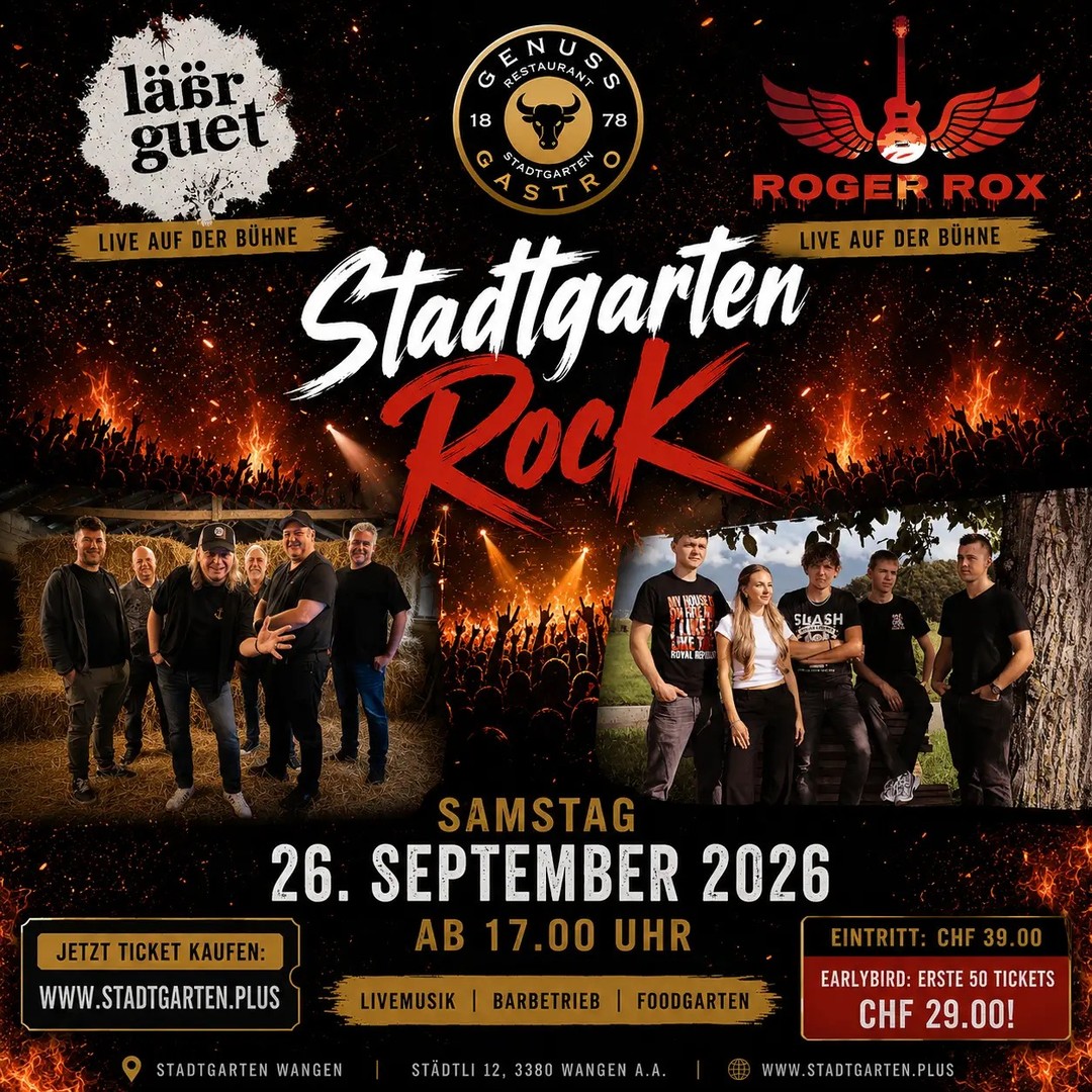 Noch eine Woche bis zur Rocknacht Samstag, 26.09.2026: RogerRox und Läärguet spielen live im Städtli. Ab 17.00 Uhr — Open End FoodGarten und Bar den ganzen Abend EarlyBird CHF 29.00 für die ersten 50 Tickets, danach CHF 39.00 Tickets nur online: stadtgarten.plus/stadtgarten-rock #Stadtgarten #StadtgartenRock #WangenanderAare #Oberaargau #LiveMusik #AusSpassAmGenuss