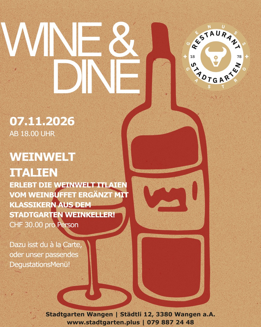 Am 07.11.2026 lädt Wine & Dine in der Weinwelt Italien zu einem genussvollen Abend voller edler Tropfen, feiner Kulinarik und besonderer Begegnungen ein. Entdecke Geschmack, Atmosphäre und echte Weinmomente 🍷✨ Mehr Informationen: https://stadtgarten.plus/stadtgarten-wine-dine/ #wineanddine #weinwelt #genuss