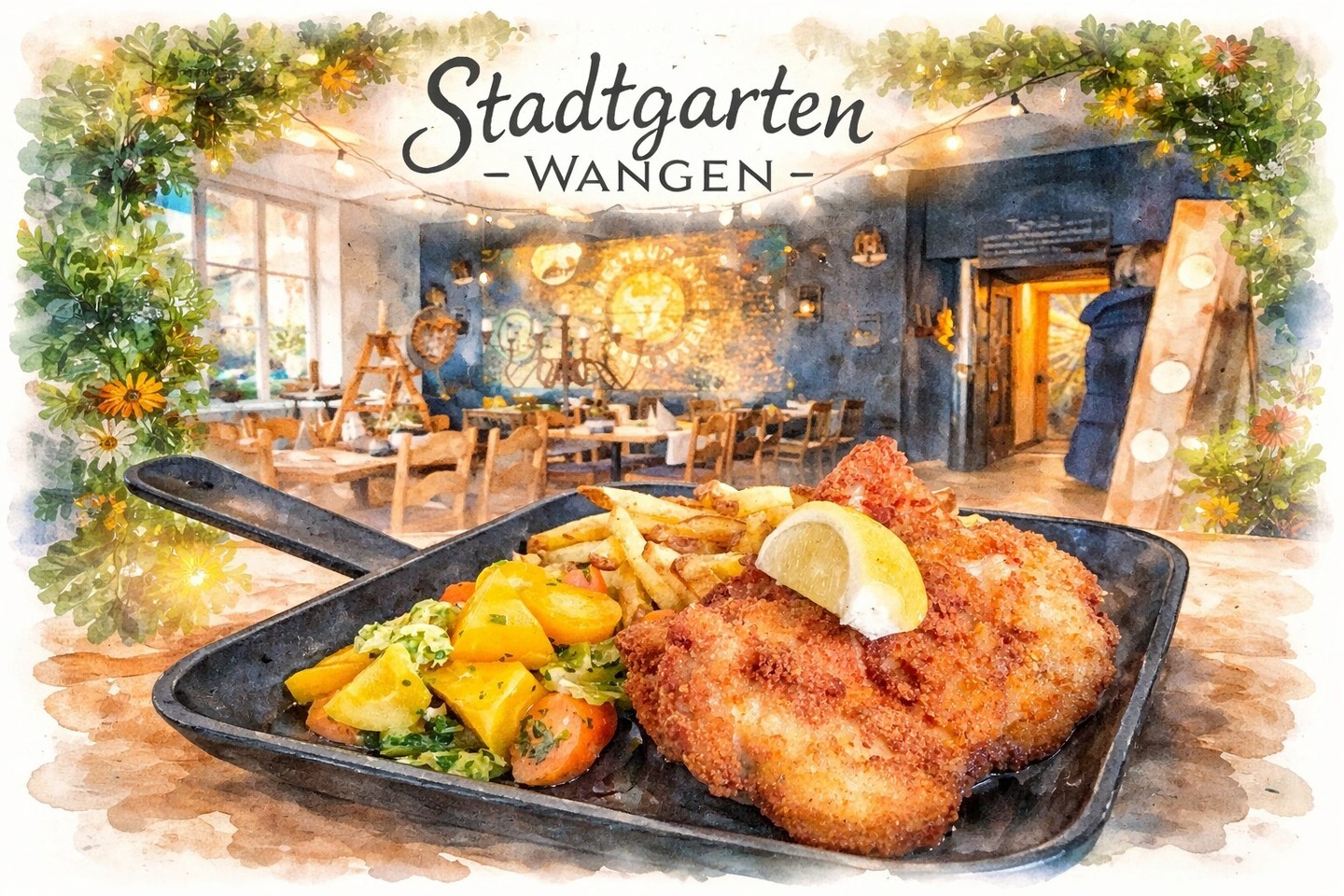 Backhendl – ein zeitloser Klassiker! Jetzt probieren im Stadtgarten Wangen: saftiger panierter Poulet-Oberschenkel, dazu knusprige Pommes und Gemüse vom Walki Hof in Wiedlisbach. Wir freuen uns auf euren Besuch! 🍗🥔 #backhendl #stadtgartenwangen #regional #genuss