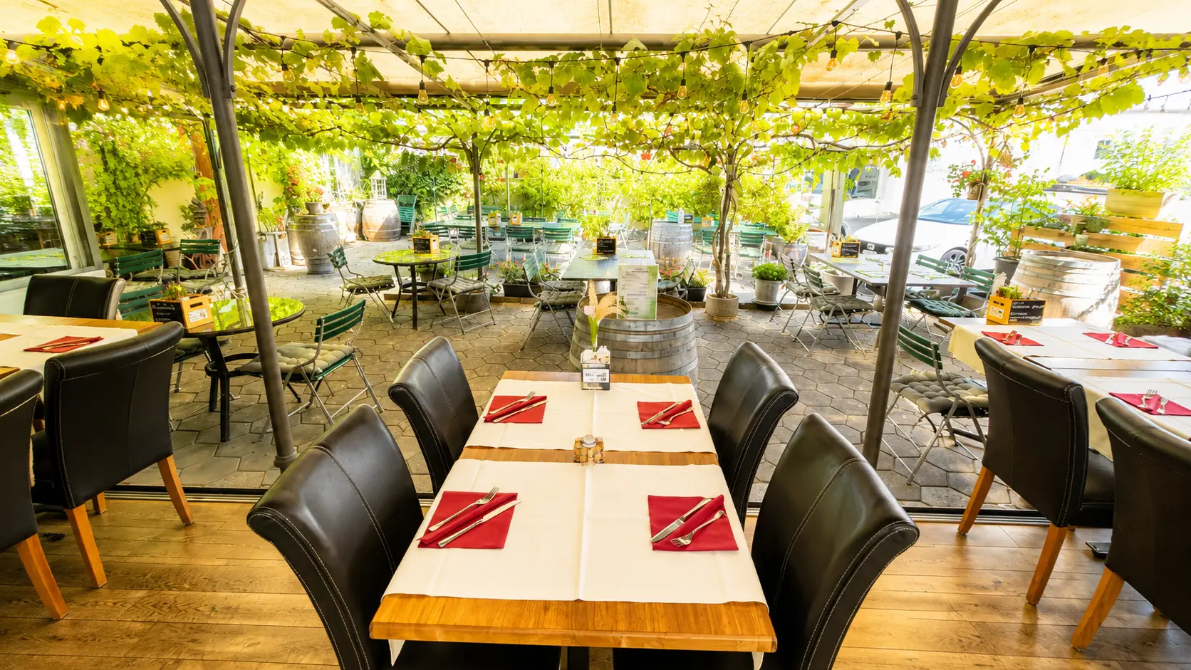 Gartenterrasse des Restaurant Stadtgarten Wangen an der Aare mit Tischen unter dem Weinlaubdach