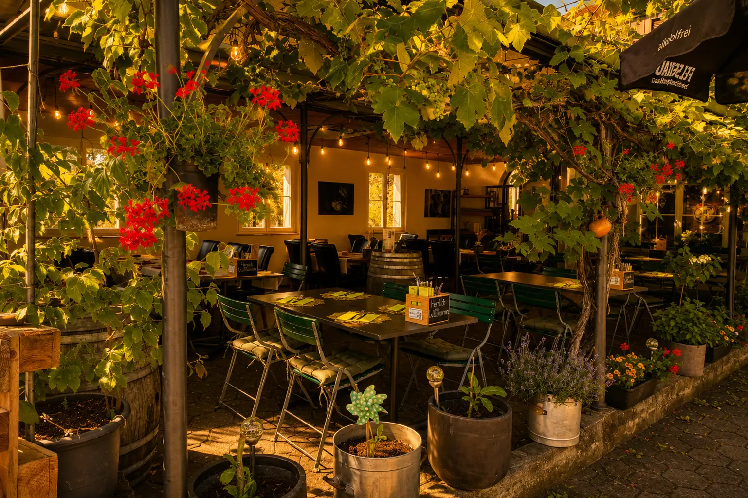 Gartenterrasse an der Weinlaubpergola im Restaurant Stadtgarten Wangen an der Aare