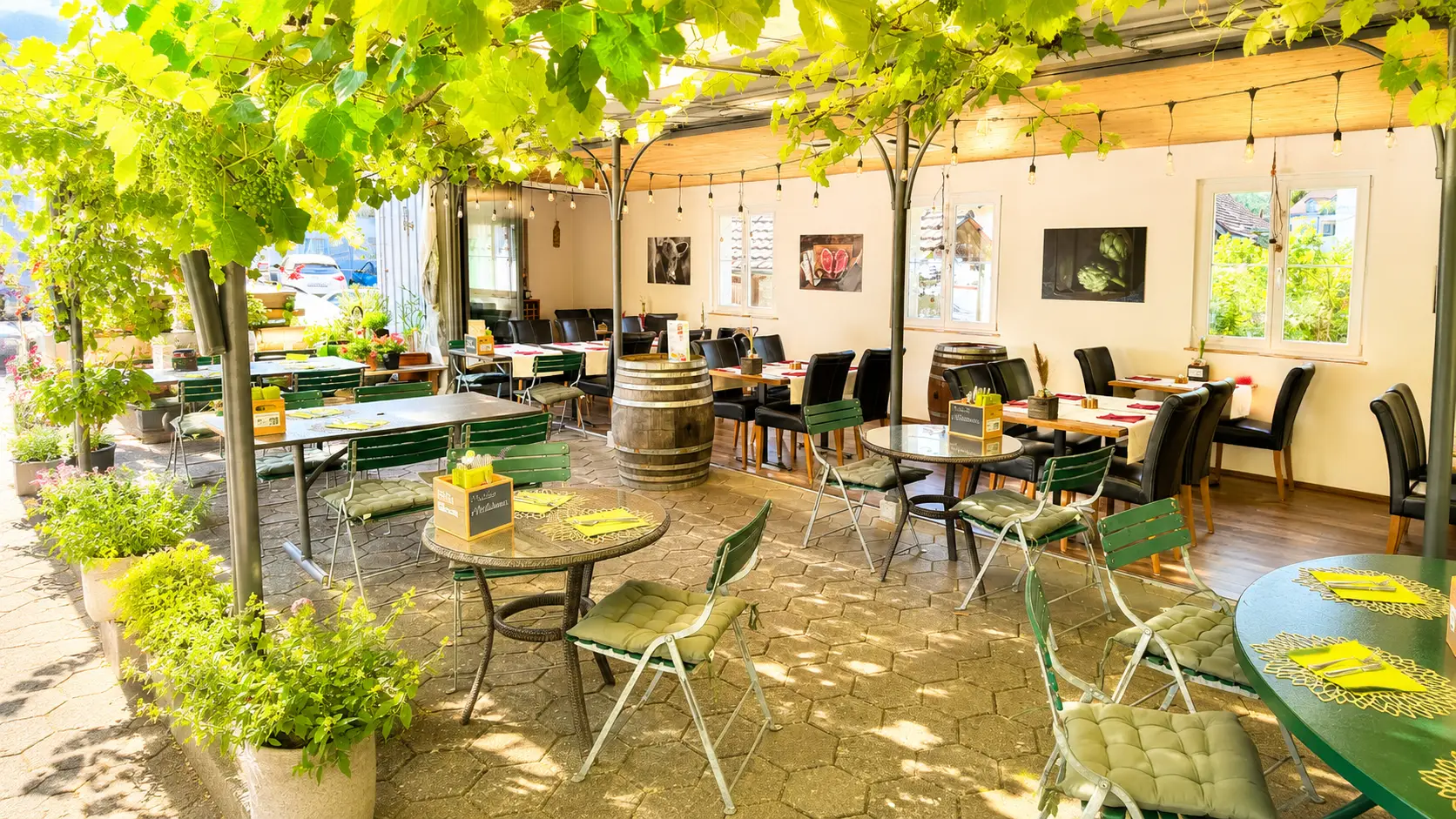 Sonniger Gartenbereich am Wintergarten mit Weinlaub im Restaurant Stadtgarten Wangen an der Aare