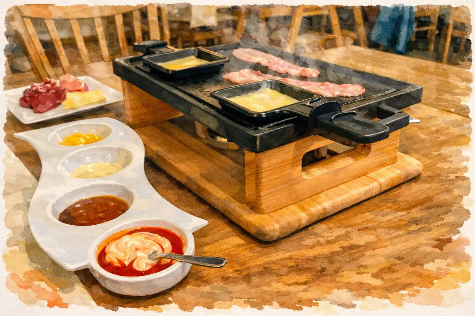 TischGrill mit Raclettepfännchen, Speck und rohem Fleisch sowie vier hausgemachten Saucen im Restaurant Stadtgarten Wangen an der Aare