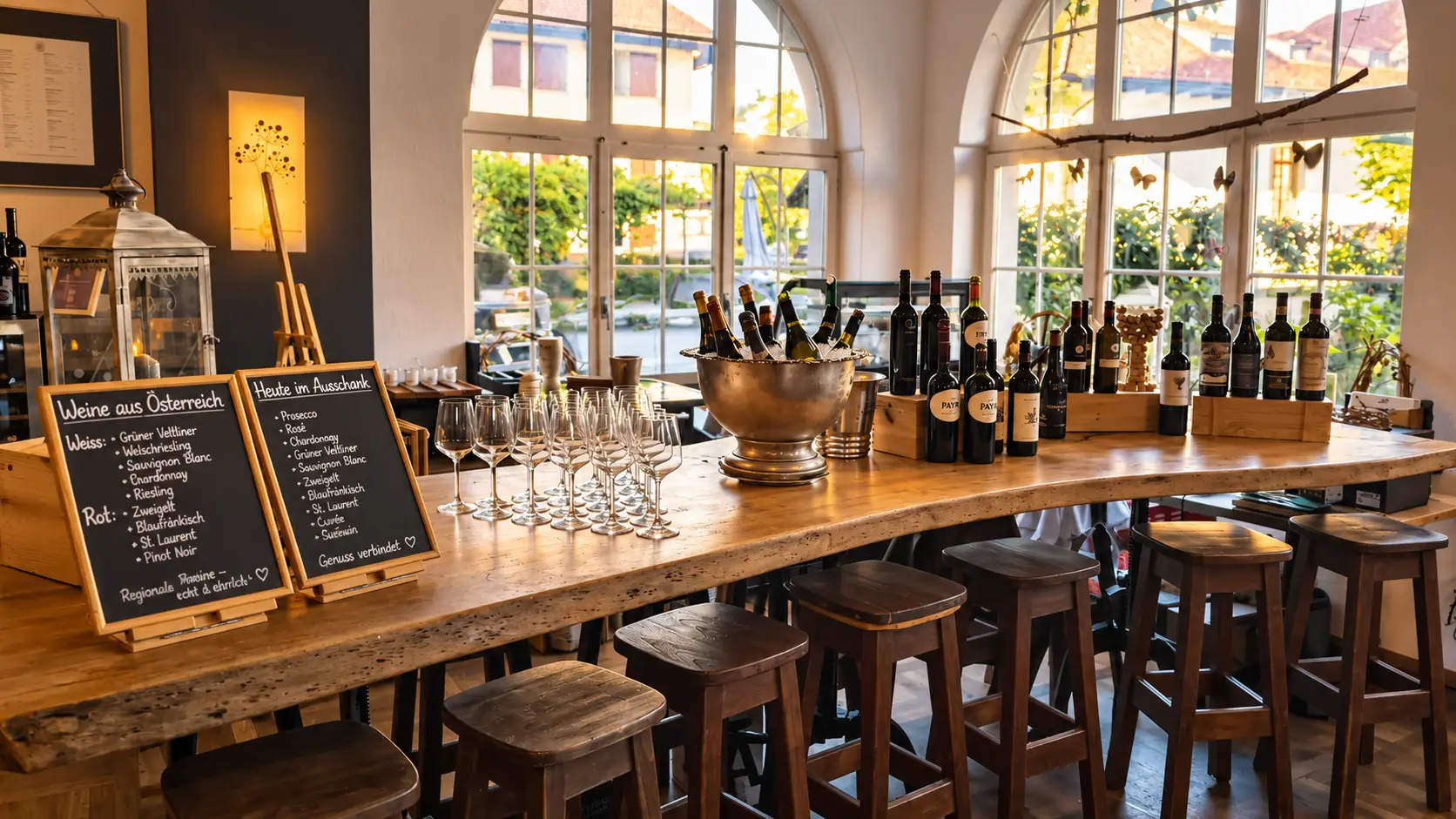 Bartheke aus Massivholz mit Barhockern, Reihen von Weingläsern und Eiskübel am Wine-&-Dine-Abend im Restaurant Stadtgarten Wangen an der Aare