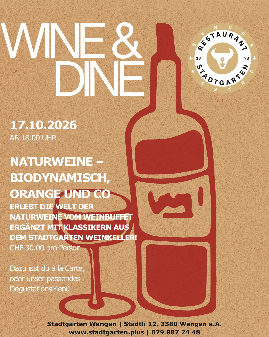 Am 17.10.2026 lädt Wine & Dine in der Welt der Naturweine zu einem genussvollen Abend voller edler Tropfen, feiner Kulinarik und besonderer Begegnungen ein. Entdecke Geschmack, Atmosphäre und echte Weinmomente 🍷✨ Mehr Informationen: https://stadtgarten.plus/stadtgarten-wine-dine/ #wineanddine #weinwelt #genuss #österreich